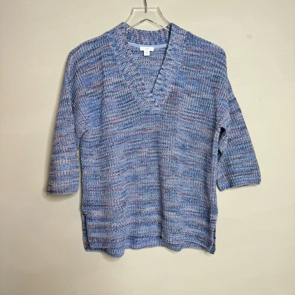 J Jill Easy Dropped Shoulder Sweater Blue Jasper Cotton V Neck 3/4 Sleeve